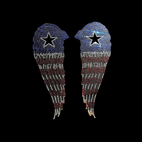 Bandera estrella alas de ángel con diseño de diamantes de imitación, parche de alas de estrella de transferencia de calor, calcomanía de cristal de