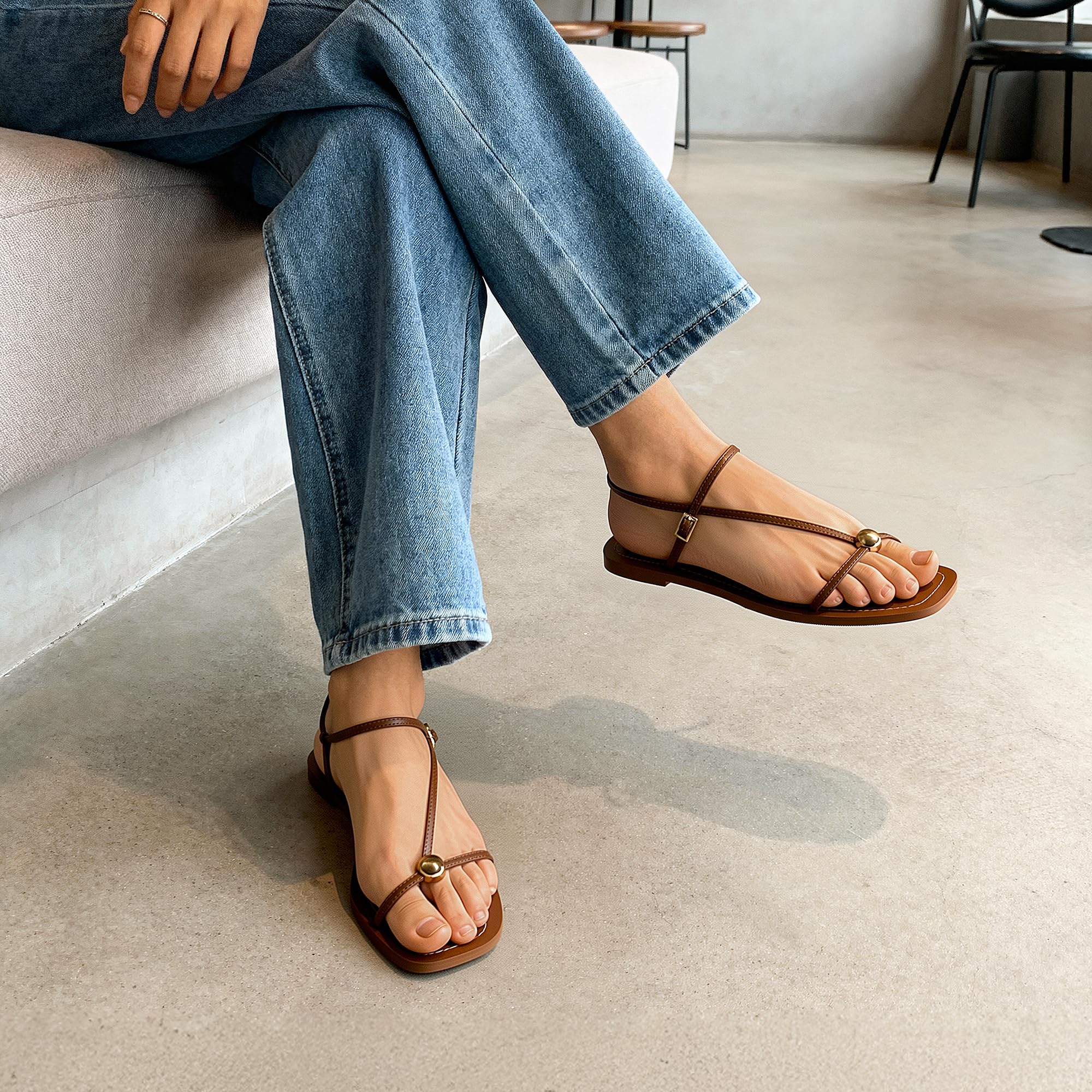 DREAM PAIRS Women's Strappy Flat Sandals for Women Comfortable Open Square Toe Sandals Dressy Beach Thong Cute Wedding Summer Ankle Strap Sandals — view 3