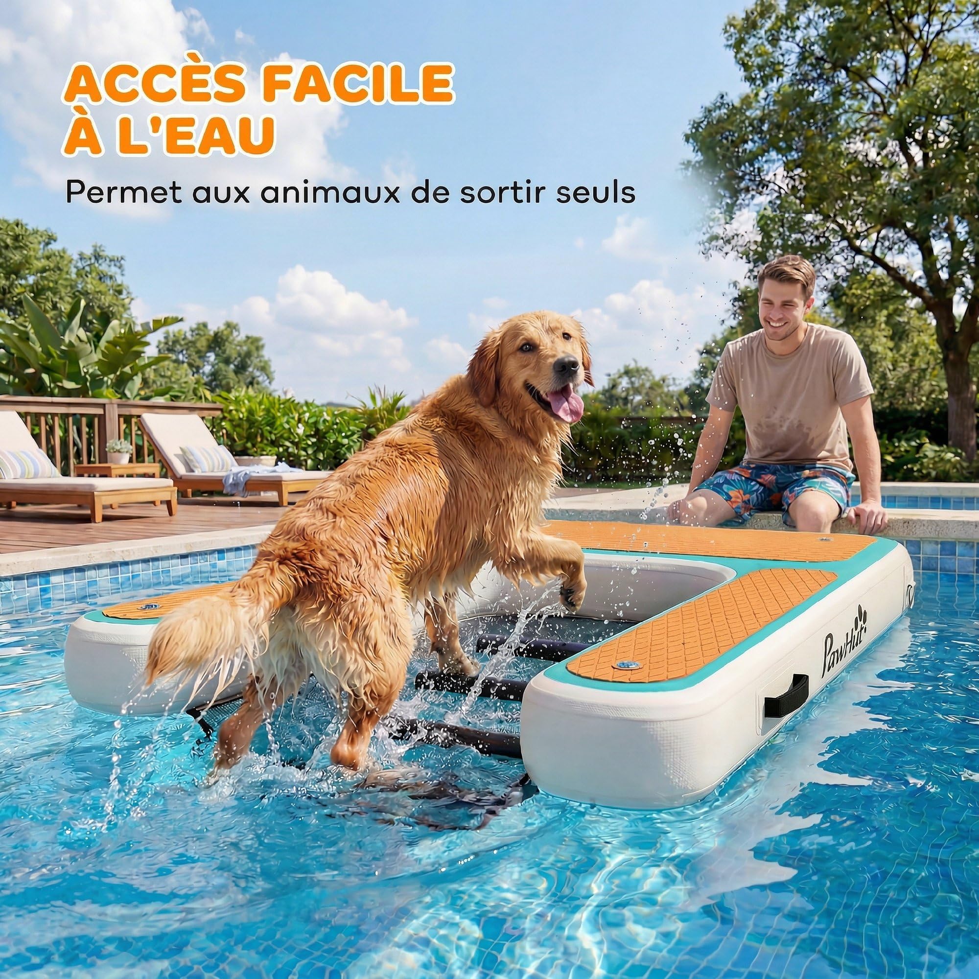 PawHut Rampe d'Eau Gonflable pour Chien jusqu'à 100kg 151x102x15cm Orange | Rampe Gonflable pour Chien, Anneaux D, cordes, pompe et sac de rangement, surface antidérapante