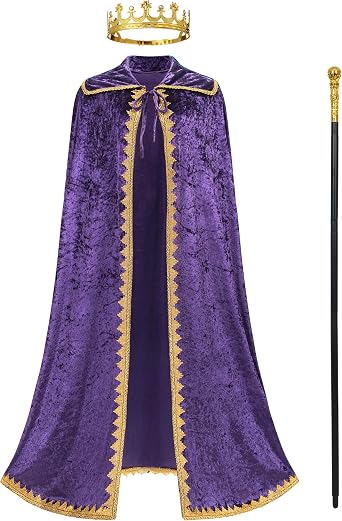 King Costume for Men and Women, Queen Costume,Adult King Cape Robe Metal Crown Scepter
