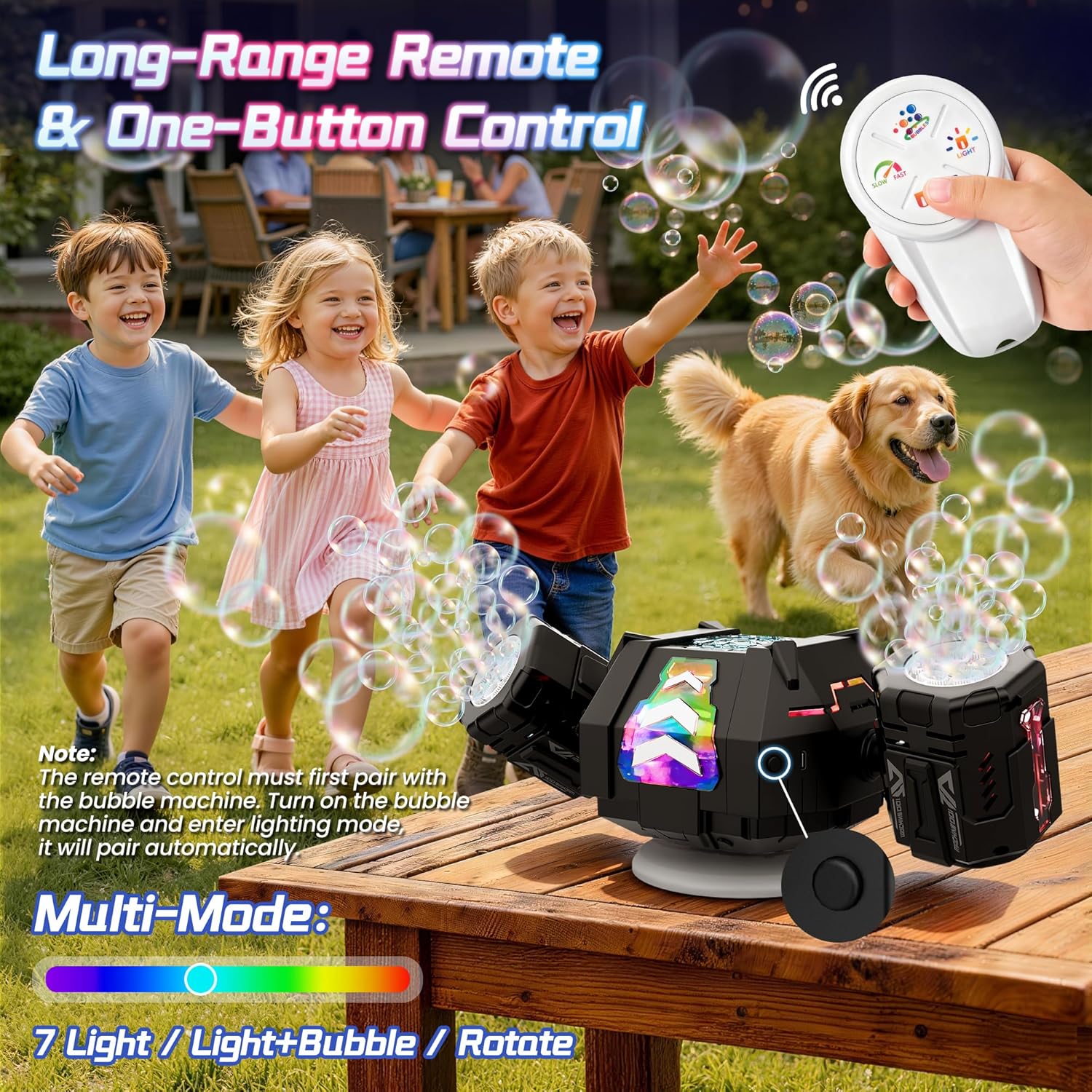 cossy Rechargeable Bubble Machine, 360° Automatic Rotation Bubble Machine for Kids, Bubble Maker with Remote Control, RGB Lights & 20000+ Bubbles Per Minute, Outdoor Toys Games for Kids/Adults (Black)