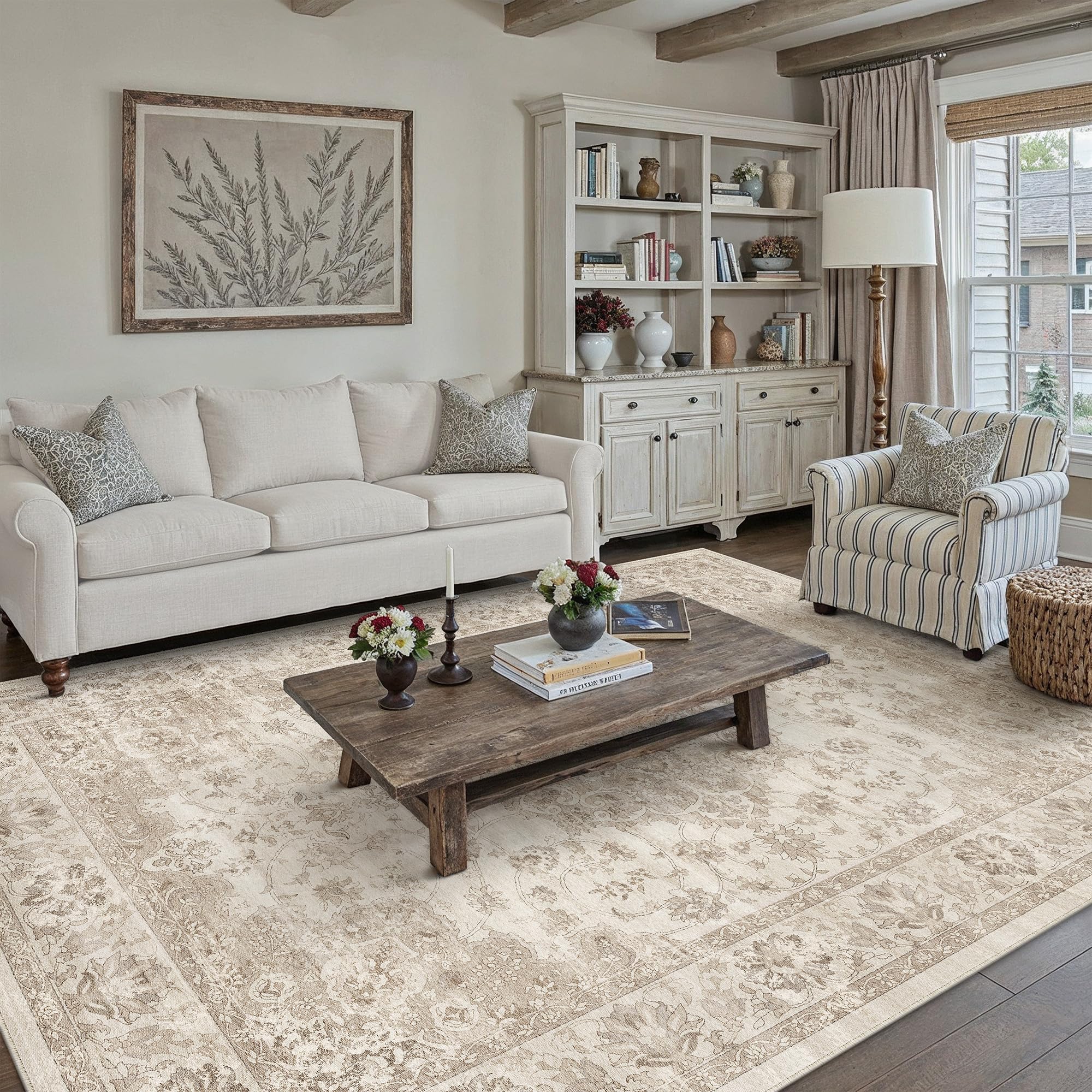 PureCozy 160x230cm Beige Washable Rugs for Bedroom Living Room, Vintage Soft Area Cream Rugs with Non-Slip Backing, Lightweight Low Pile Printed Cosy Carpet for Kitchen Office Dining Room Playroom — image 1