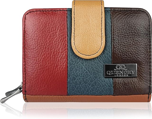 Quenchy London Women's Purse - Ladies Real Leather Designer Wallet - RFID and NFC Blocking with 2 Bank Note Sections, 2 Coin Trays, 6 Cards Slots 12cm x9 x3 (QL842QA)