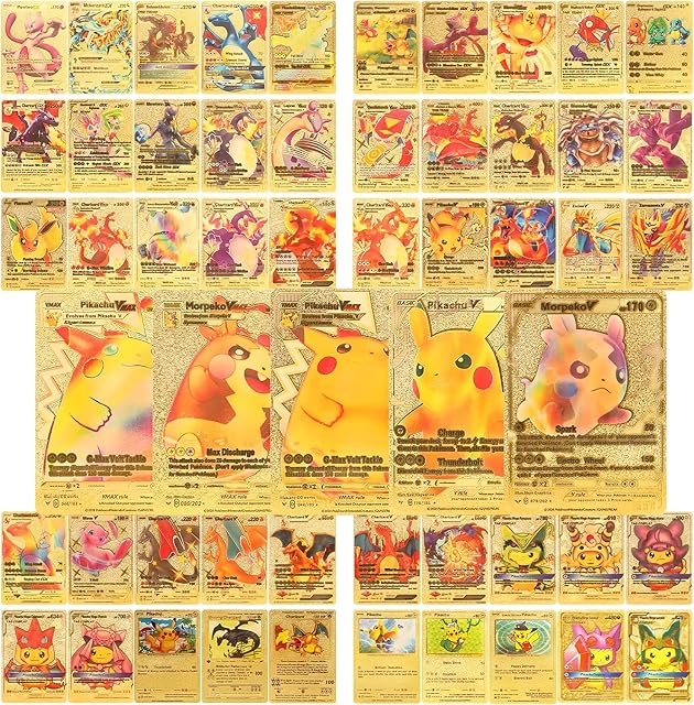 55 Pcs Gold Foil Card Assorted Poke Cards TCG Deck Box includes (16 Vmax Rares,13 V Series Cards, 11 GX Rare Cards, 7 Tag Cosplay Cards, and 6 Basic Cards), Gifts for Kids and Collectors