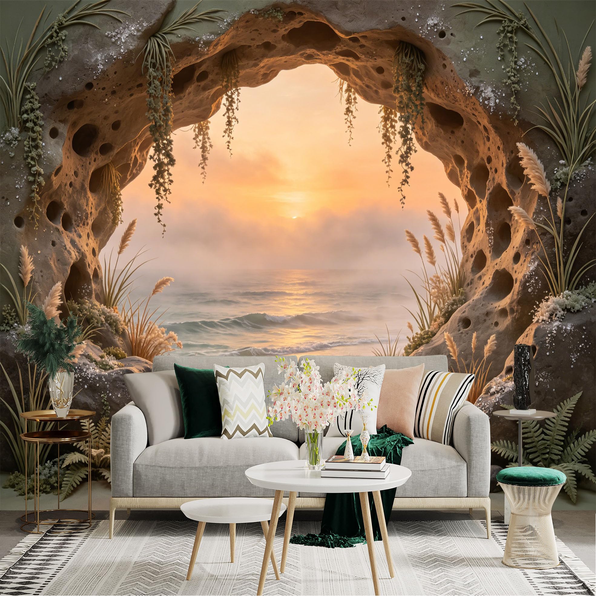 Custom Size Wall Sticker Mural， Sunset Beach Cave with Ocean Waves and Coastal Plants， for wall Decoration， peelandstick wall Decals.