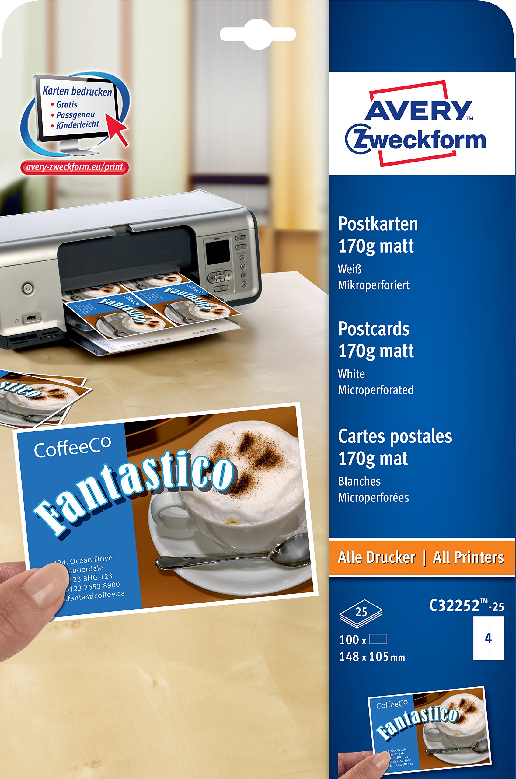Avery Zweckform C32252-25 Business Cards Uncoated Micro-Perforated 170 g 148 x 105, 25 Sheets, 4 Cards per Sheet, White
