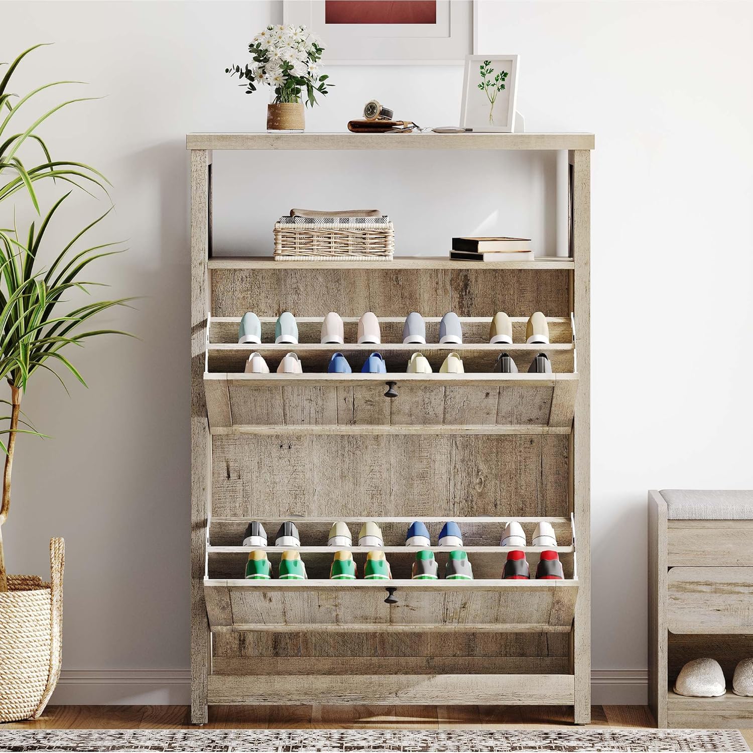 YITAHOME Shoe Cabinet with 2 Flip Drawers, Entryway Shoe Storage Cabinet with Open Shelves, Free Standing Hidden Shoe Rack Storage Organizer for Entryway/Hallway/Closet, Old Oak