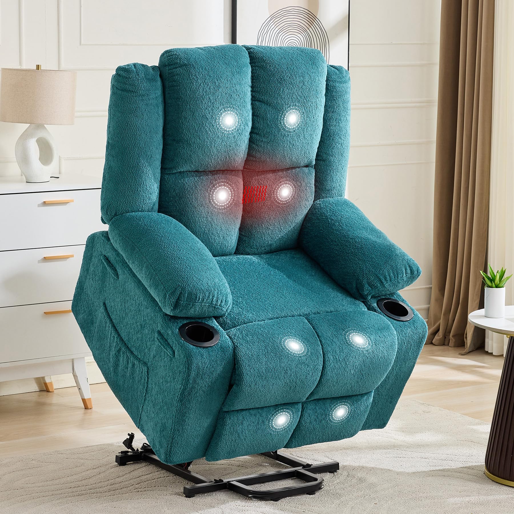 Oversized Power Lift Recliner Chair for Elderly, 135° Lay Flat Electric Recliner with Massage &amp; Heat, Stand Assist Lift Chair with 2 Cup Holders for Living Room,Blue