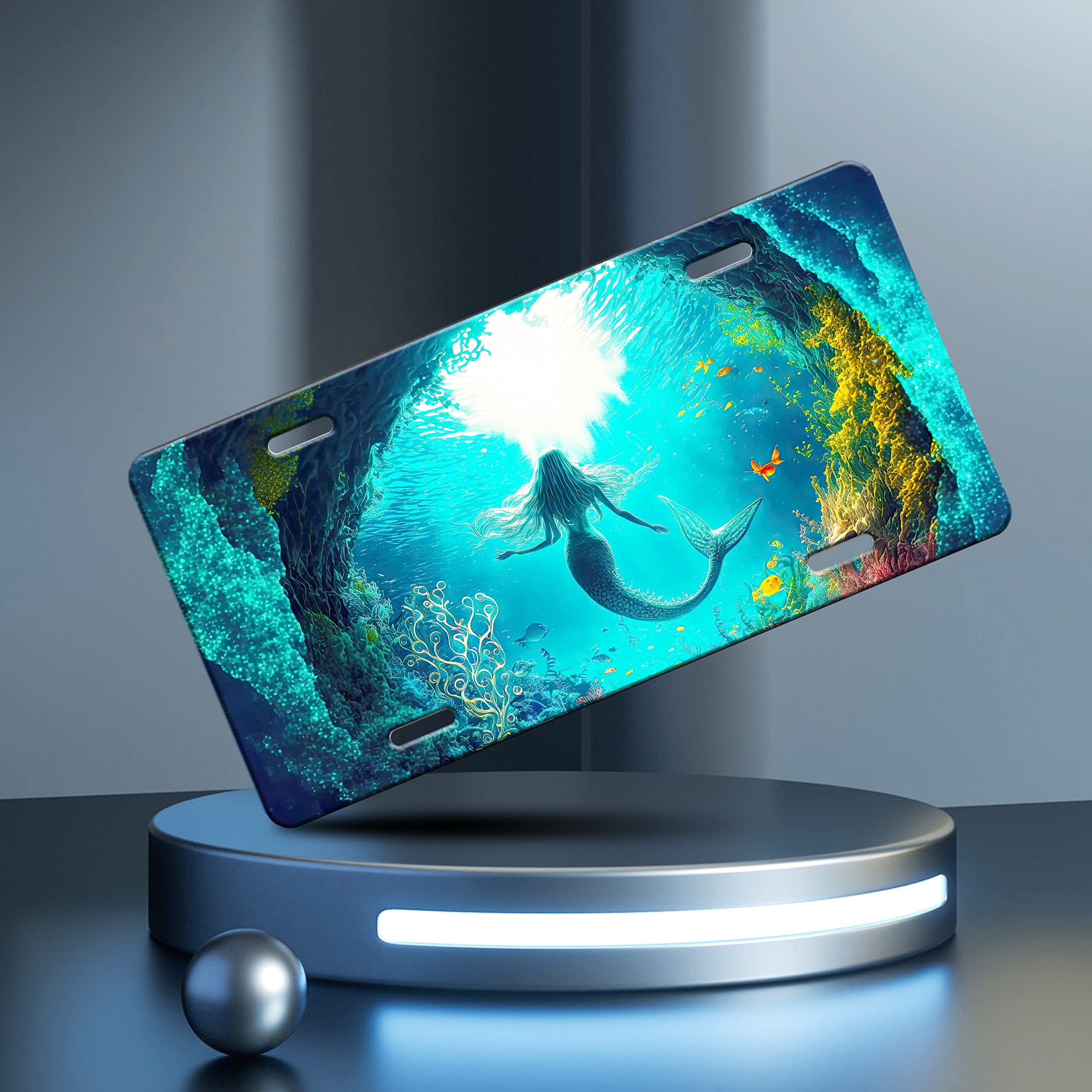 Mermaid License Plate Ocean Fish Animal License Plate Funny Stainless Steel Car Universal Accessory Vanity Tag for Us Canada Standard License Plate Holder for Men Women12.2