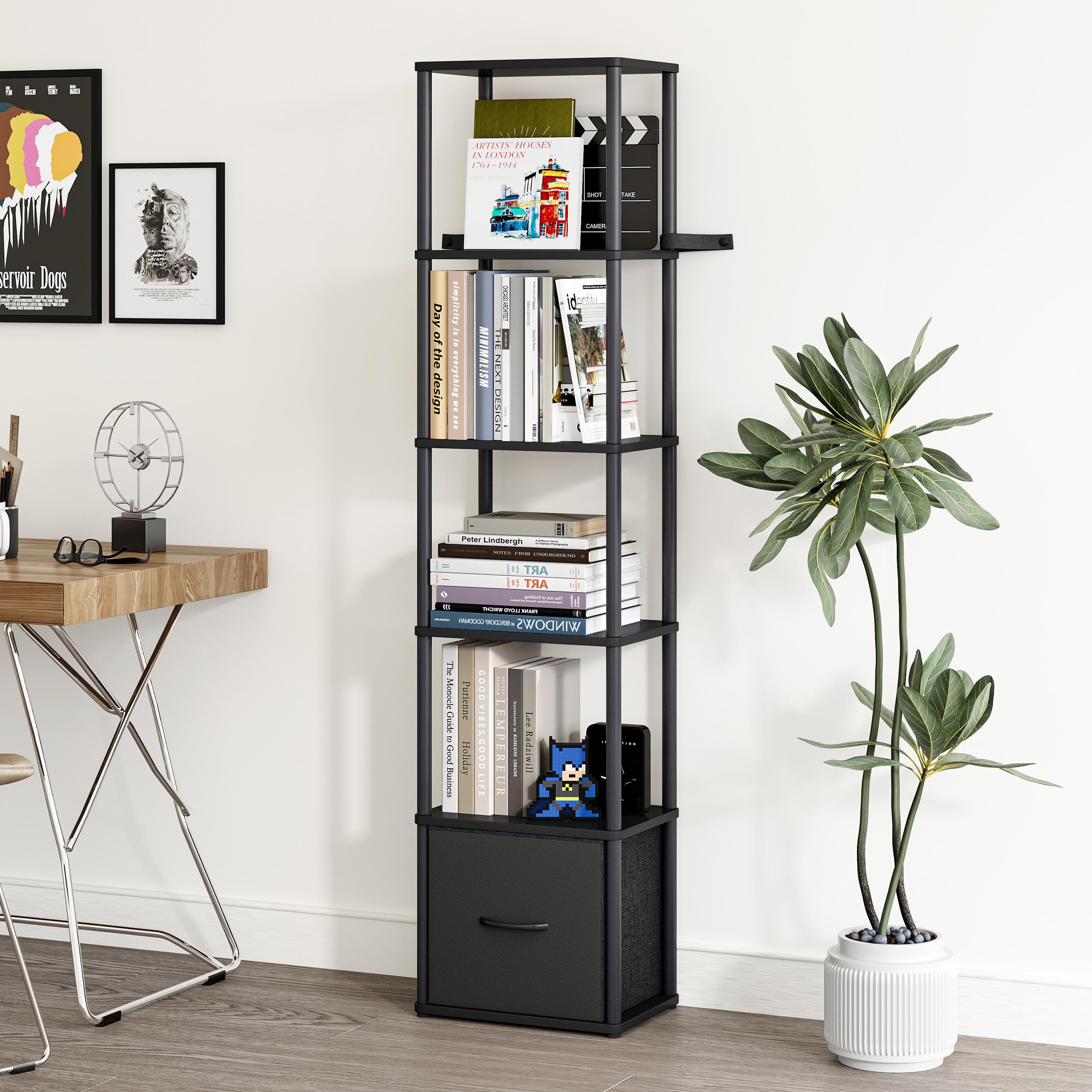 Libreria Angolare a 6 Ripiani Scaffale Salvaspazio Verticale con Struttura in Metallo e Legno Scaffale Libreria con 1 Cassetto per Soggiorno, Camera da Letto e Ufficio Nero HBC505B