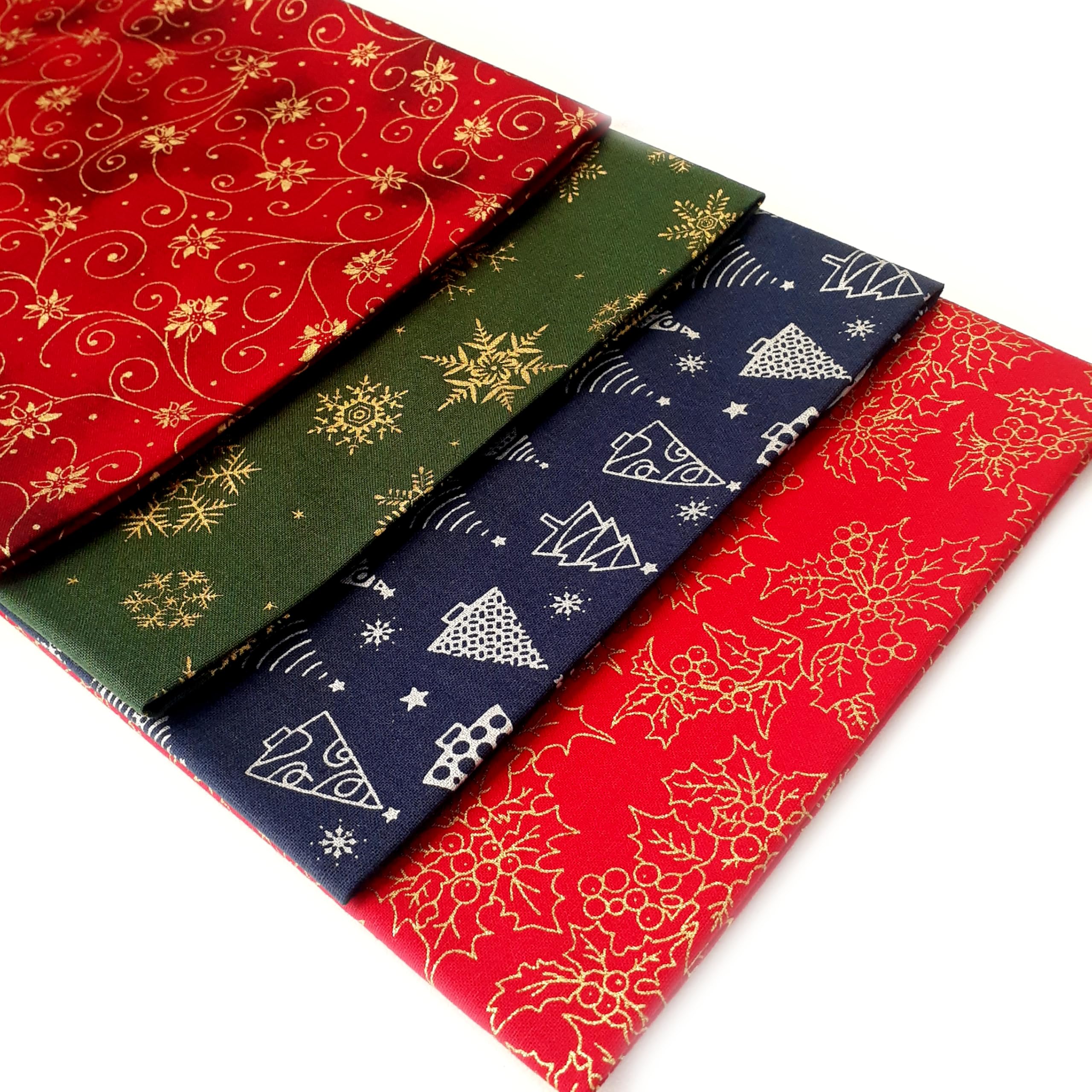 Blue Christmas Fat Quarter Fabric Bundle - Christmas Reds, Greens & Blues 100% Cotton Fabric 4 x Fat Quarters 50x54cm from Sewing Cuts