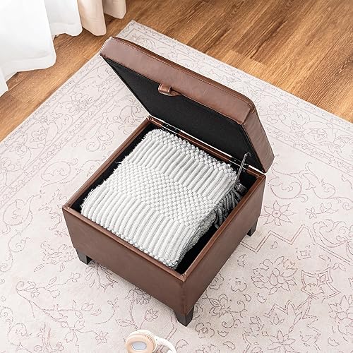 Miniatura 82 de Asense Reposapiés cuadrado tapizado de piel sintética con patas de madera, color gris Style1 Imitación Cuero Gris,Style2 Imitación Cuero