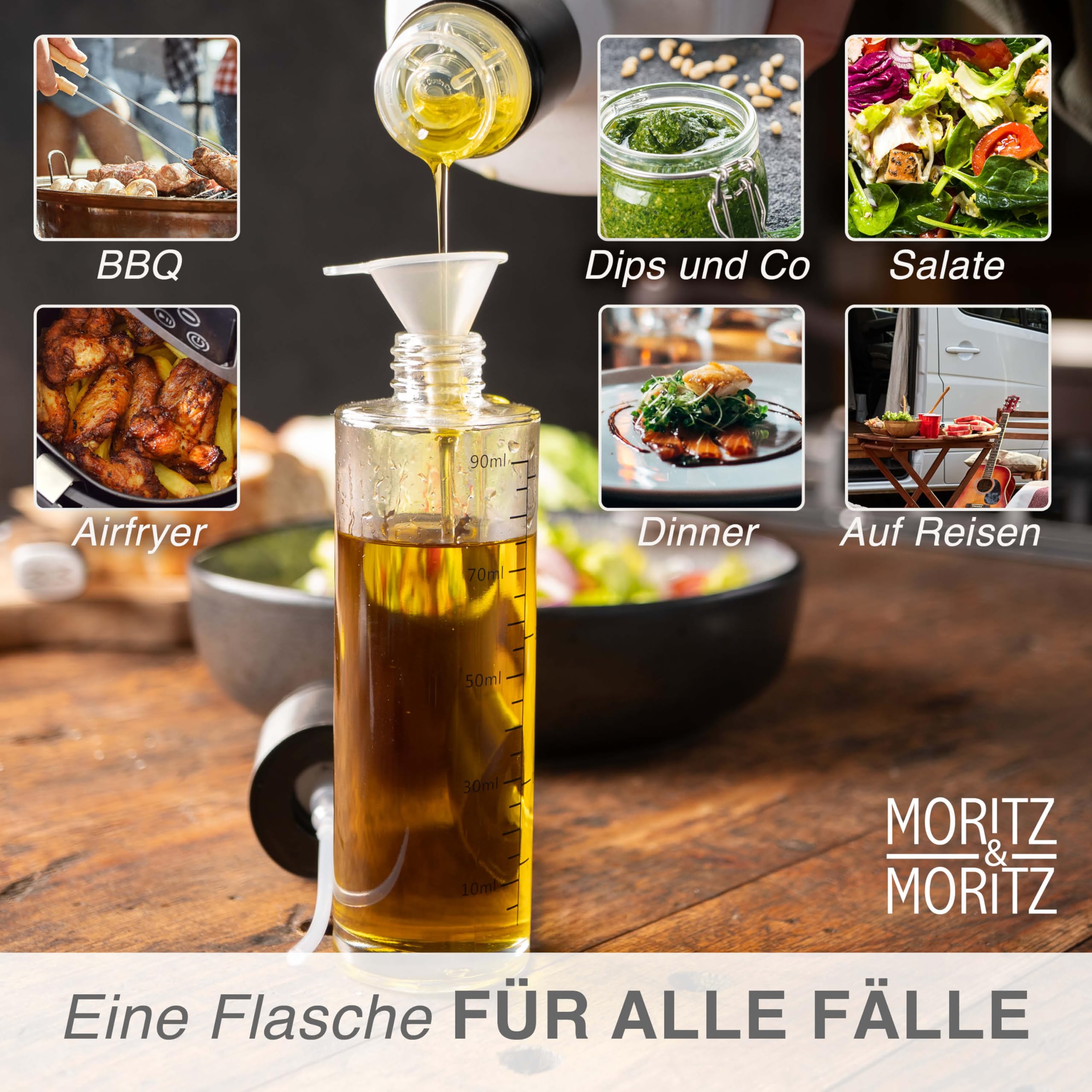 Moritz & Moritz Opryskiwacz do oleju 90 ml – kompaktowa butelka ze szkła z rozpylaczem oleju do kuchni, grilla i frytkownicy – nadaje się do oleju, octu, wody i sosu sojowego – ze szczotką i
