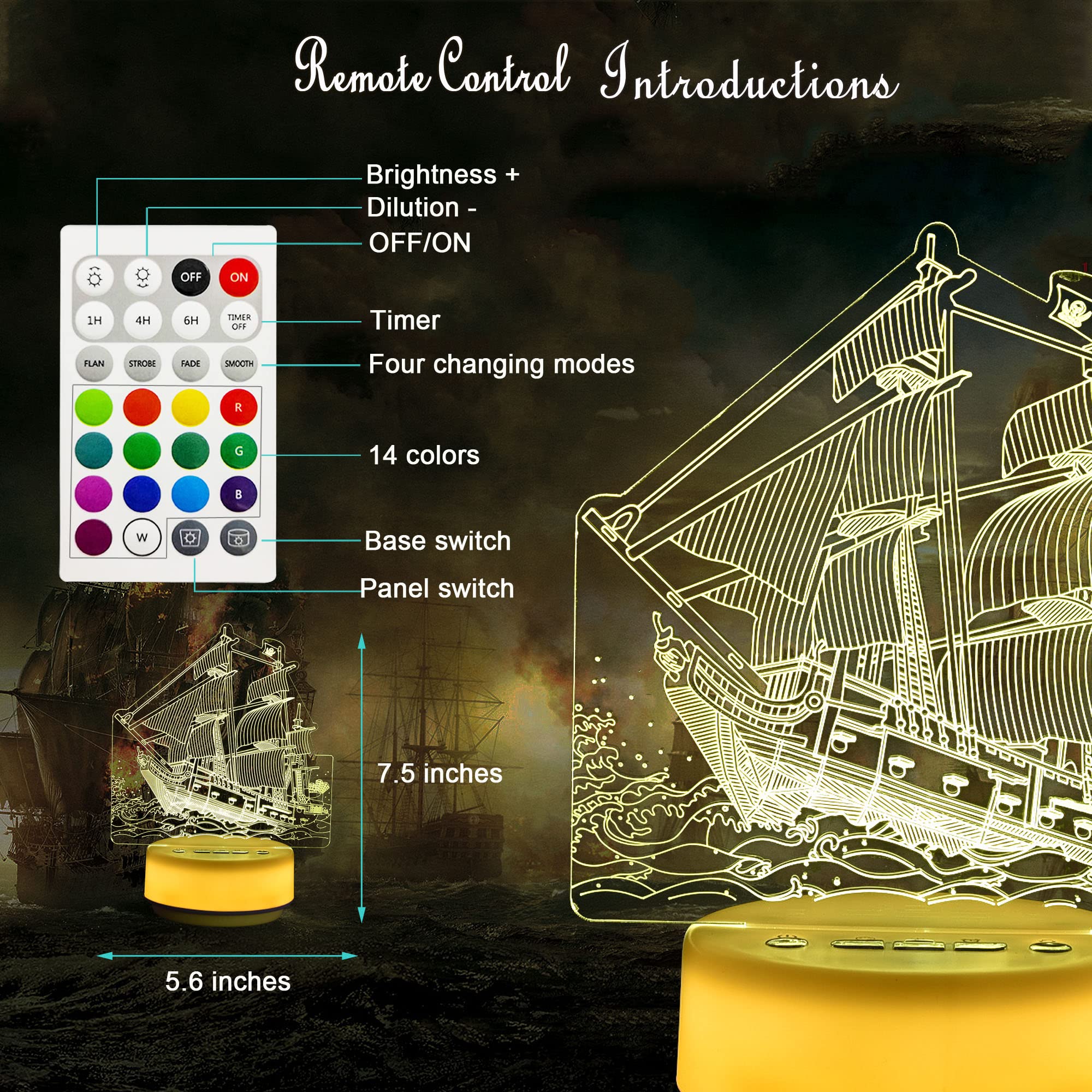 Veilleuse décorative LED pour enfants, jouet pirate - 14 couleurs - Avec télécommande, clé d'entité et minuterie - Cadeau d'anniversaire et de Noël pour garçons/filles