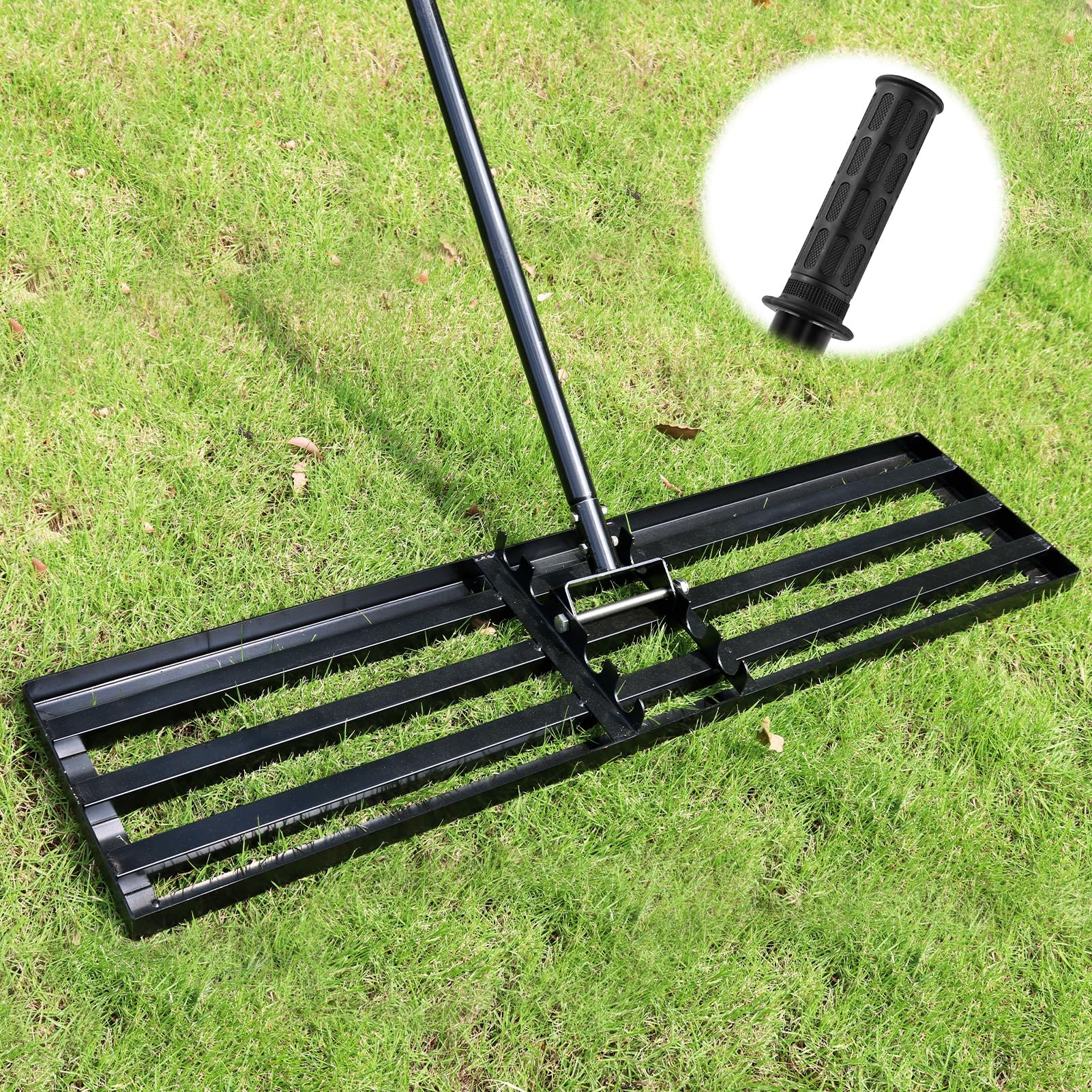 Lawn Leveling Rake, 6.5 FT 48"X10" Long Handle Level Lawn Rake, Black Heavy Duty Lawn Leveler, Effort Saving Lawn Tool for Soil Grass Golf Field