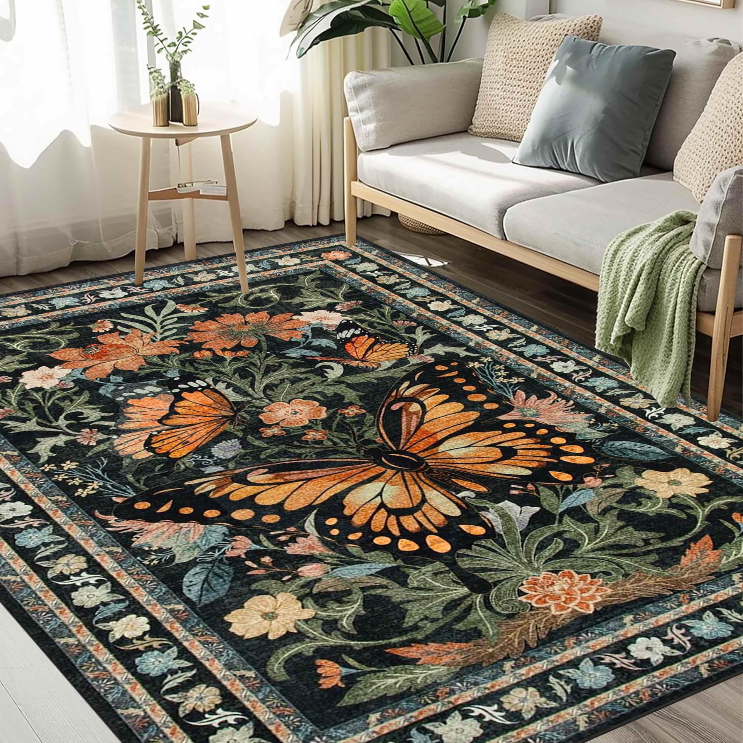Retro Butterfly Carpets, 120x180cm, Classic Oriental Aesthetic Vintage Floral Botanical Black Area Rug, Soft Breathable Luxury Home Decor Non Slip Rug for Kitchen Dining Room