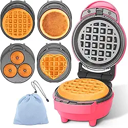 Baker's Friend Conjunto de máquina de waffle 4 em 1: Mini donut e máquina de waffle, pratos removíveis, compacto, receita incluída, vermelho