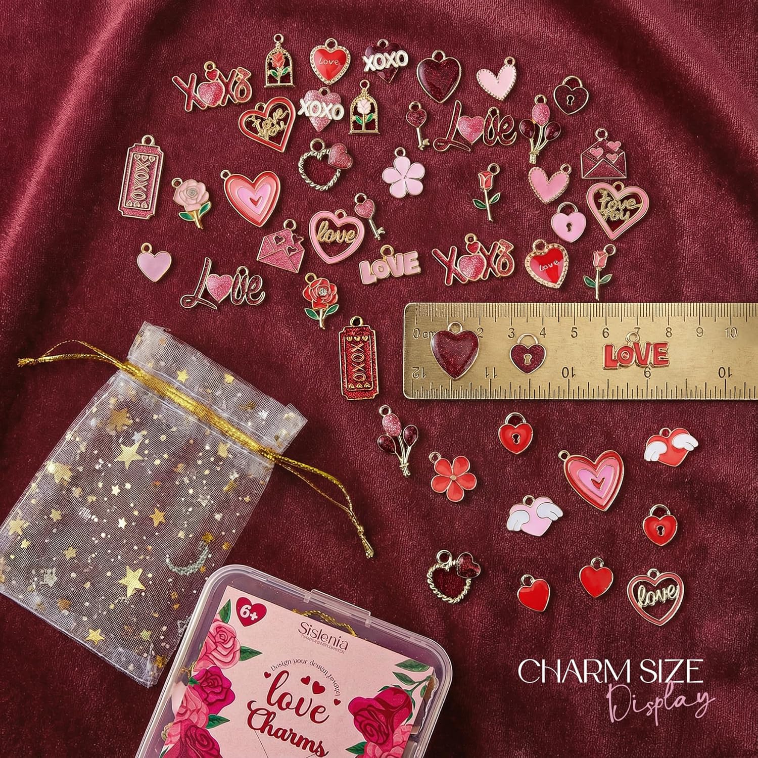 Sistenia Valentine's Day Charms, Gold Plated Enamel Pink Pendants XOXO Rose Heart Love Charms with 50pcs Jump Rings DIY Necklace Bracelets Earring for Jewelry Making Crafts Women Galentine's Day Gifts for Her - Image 4