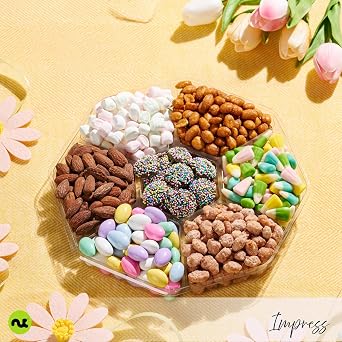 NUT CRAVINGS - Candies & Mixed Nuts Gift Basket in Red & Gold Box | (7 Assortments, 1 LB) Food Arrangement, Healthy Snack Care Package, Food Assortments