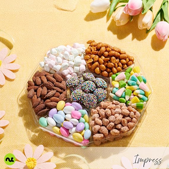 NUT CRAVINGS - Candies & Mixed Nuts Gift Basket in Red & Gold Box | (7 Assortments, 1 LB) Food Arrangement, Healthy Snack Care Package, Food Assortments