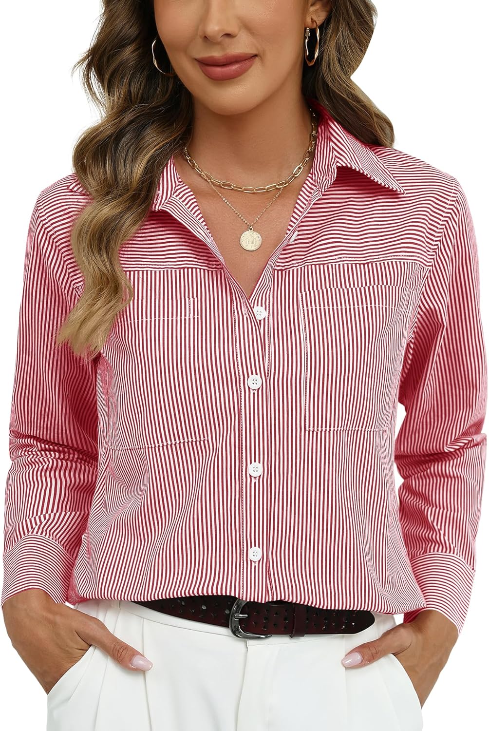 Kistore Womens Button Down Shirts Striped Linen Long Sleeve Blouses Business Casual Office Work Tops Loose Fit with Pockets - Image 2