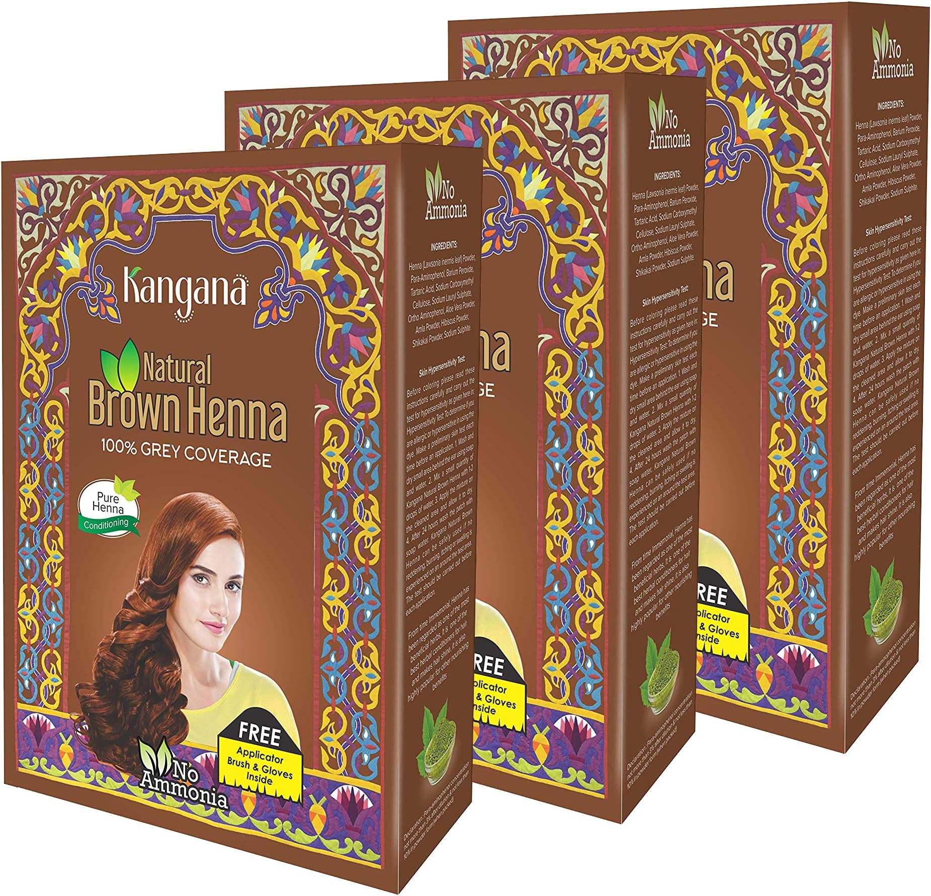 Kangana 100% Pure & Natural Henna Powder for Hair Dye - Natural Brown Henna Powder for Grey Hair Coverage - 6 pouches each - Total 180g (6.34 Oz)- Pack of 3
