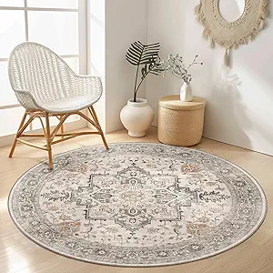GENIMO 4FT Round Area Rugs for Living Room, Circle Rugs Machine Washable Low Pile, Chenille Non Slip Vintage Rug for Bedroom, Dining Room, Home Office, Light Taupe Brown