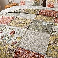 Vista 4 de NEWLAKE - Cubrecama de retazos de algodón, juego de edredón de 3 piezas con bordado cosido real, reversible, de matelasse, cuadrícula floral