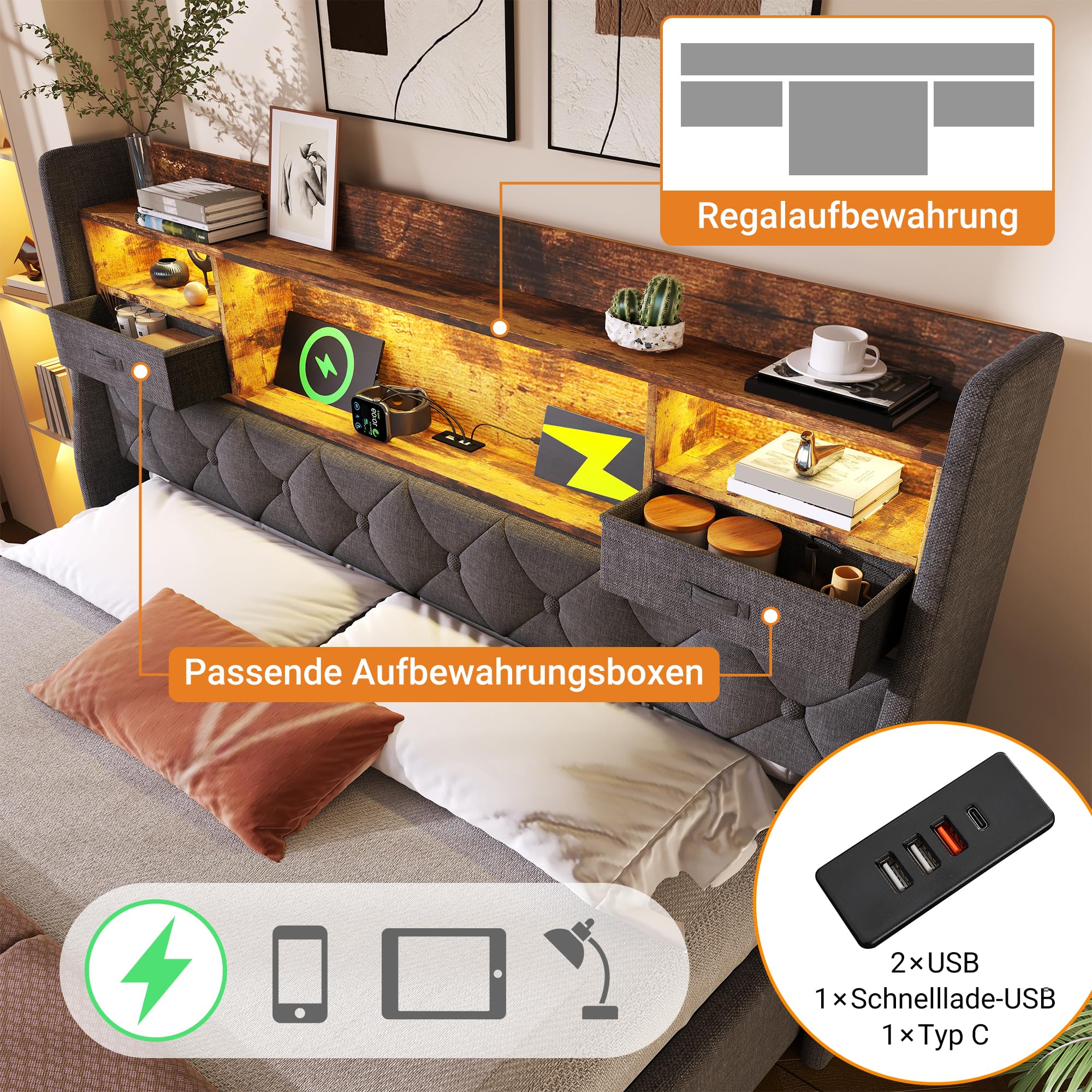 HESHU Polsterbett Bettgestell 180x200, Boxspringbett mit LED und Ladestation, Bettrahmen mit Stauraum Kopfteil, Jugendbett Stauraumbett Funktionsbett Doppelbett
