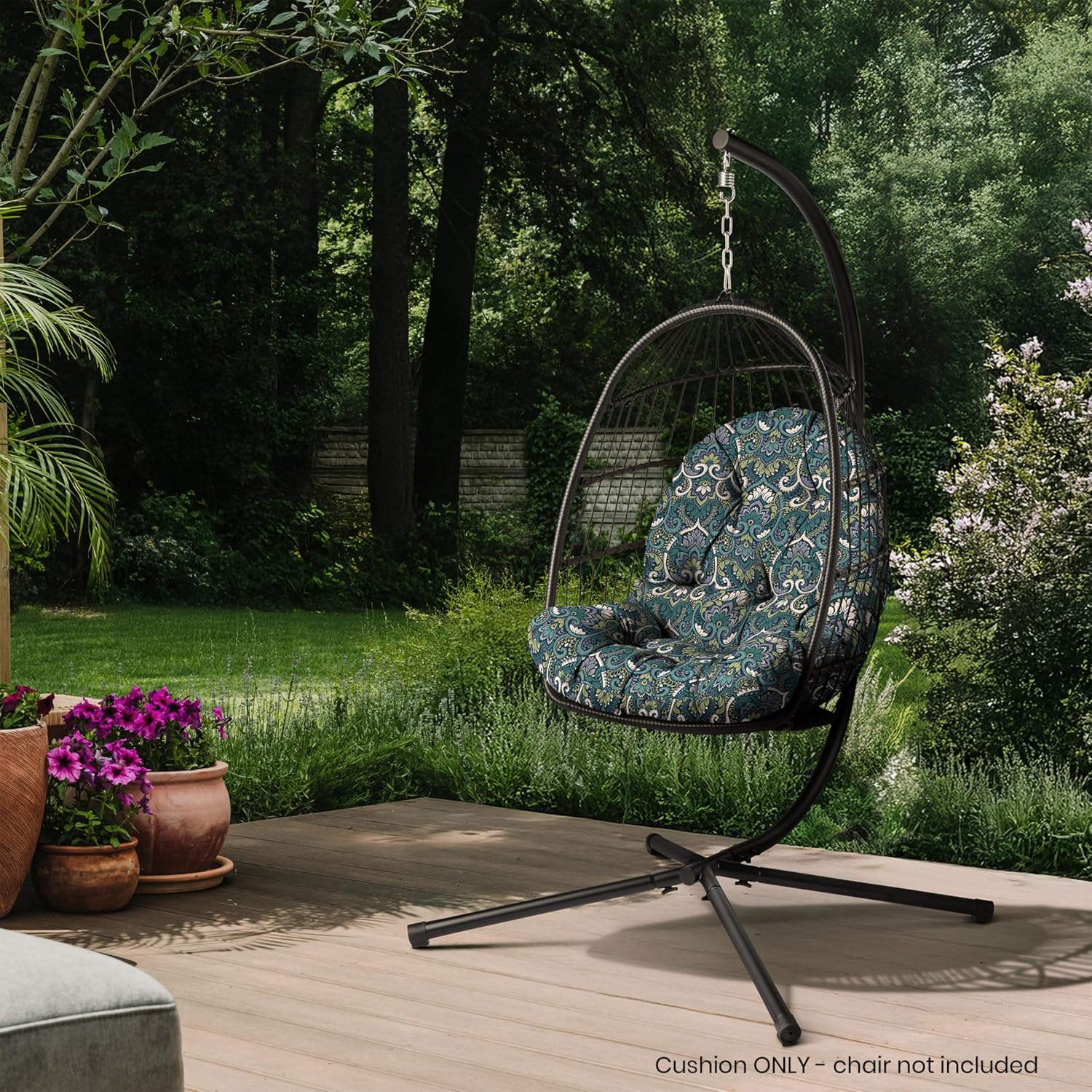 arden plush indoor / outdoor egg chair cushion, 34 x 49, water repellent, fade resistant, tufted for comfort sapphire aurora blue damask
