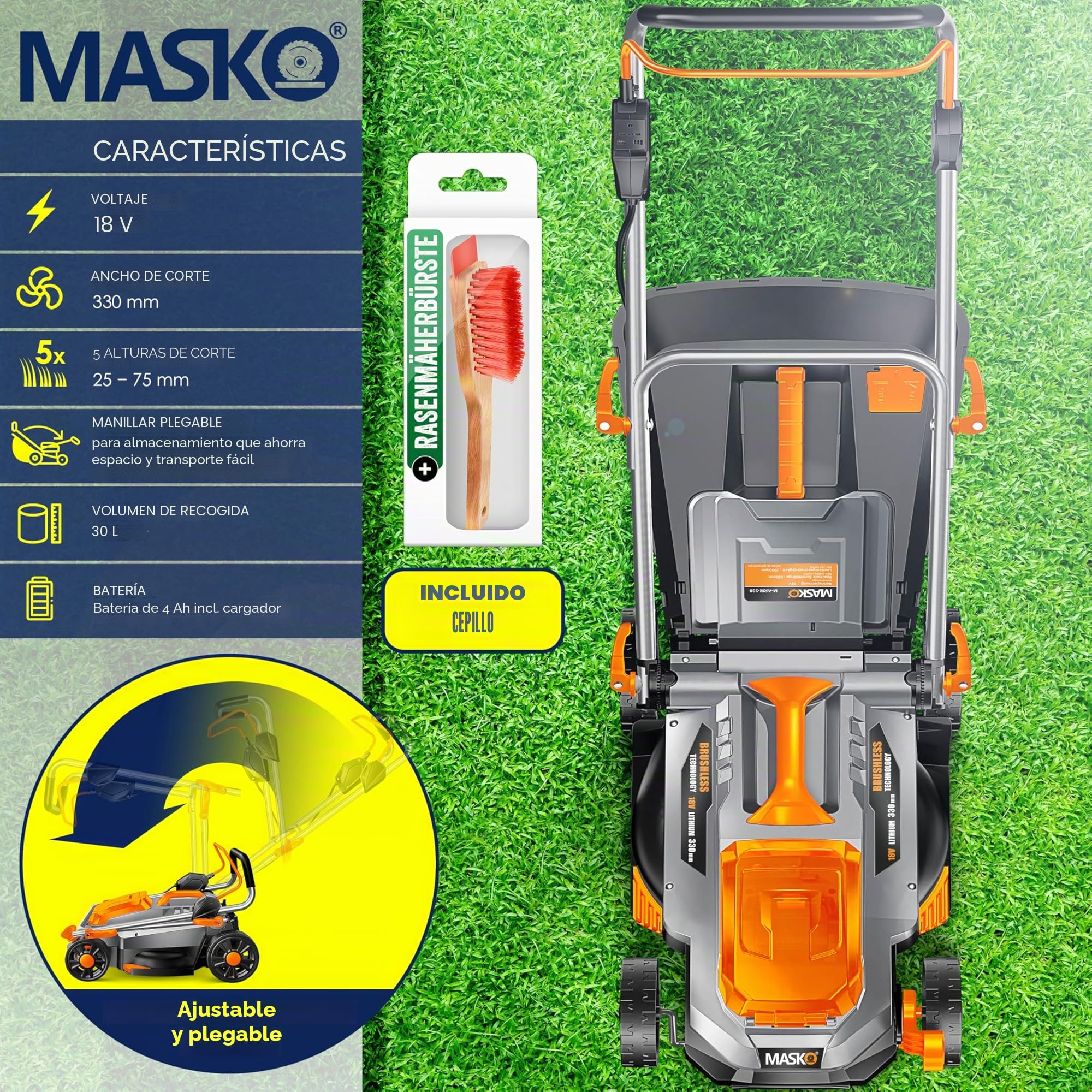MASKO® Cortacésped con función de mantillo, Incluye Batería de Ion de Litio de 4 Ah y Cargador Doble, Ancho de Corte de 33 cm, 5 Posiciones de 25 a 75 mm, Altura Regulable, 30L hasta 150m²