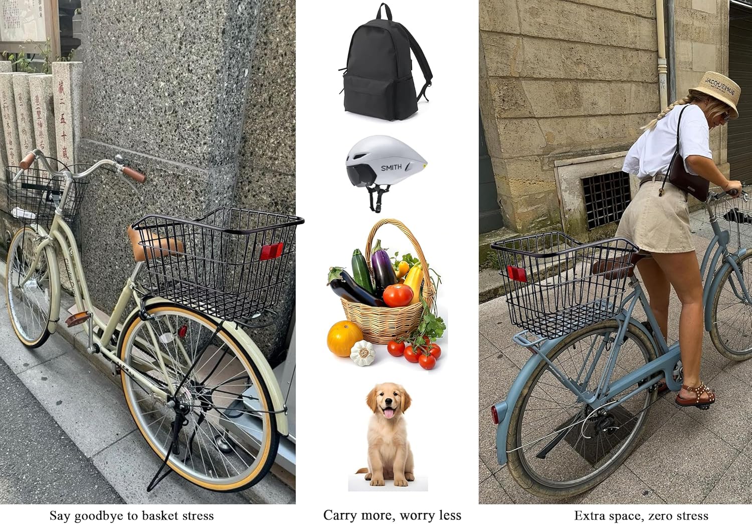 Large Rear Bike Basket - 55LB Heavy Duty Metal Cargo Crate for E-Bike and Cruiser - Anti-Rattle Iron Wire Mesh with Waterproof Cover Liner and Cargo Net - 15 x 11.5 x 10 Inches