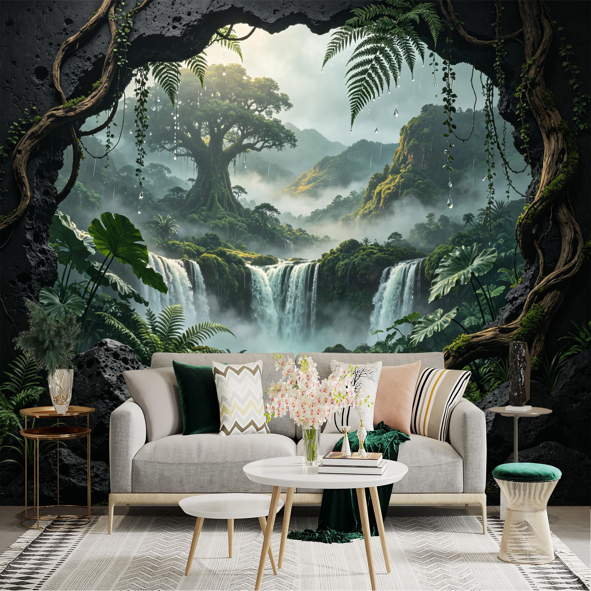 Custom Size Wall Sticker Mural， Tropical Waterfall with Lush Forest， Misty Mountains and River View， for wall Decoration， peelandstick wall Decals.