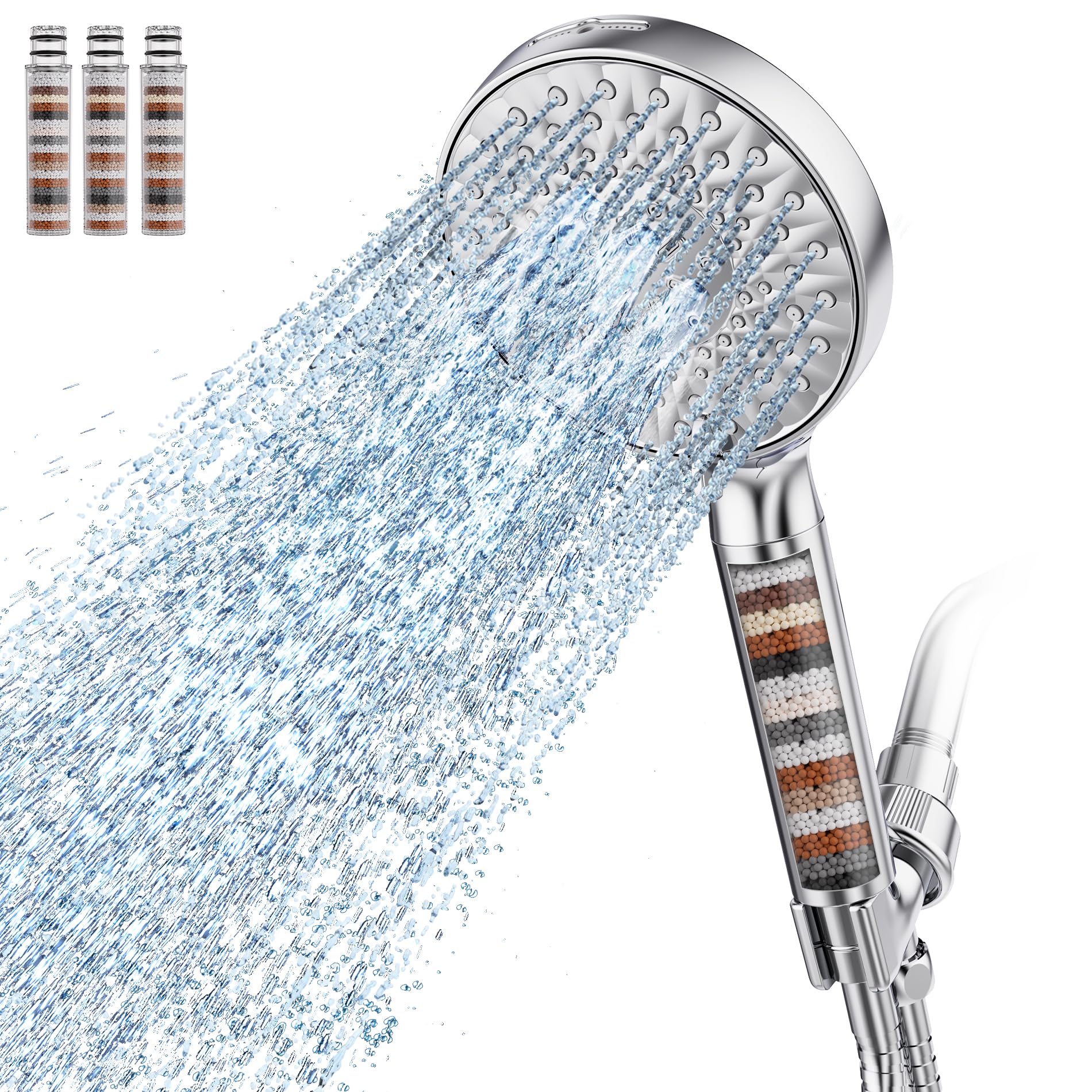 SR SUN RISE Filtered Shower Head with Handheld High Pressure 9 Spray Mode Showerhead Detachable Shower Head Water Softener Filters Beads for Hard Water Remove Chlorine 4 Filters Chrome
