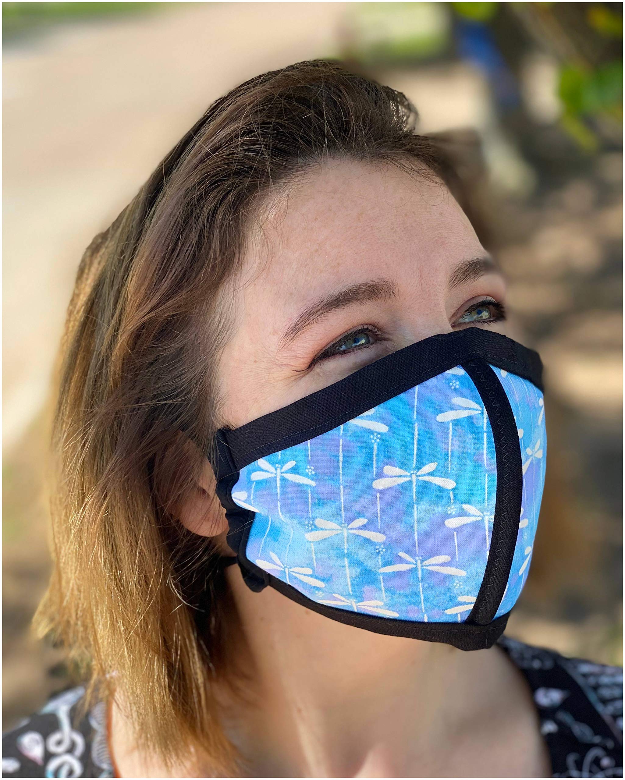 HARD EDGE DESIGN Made in USA Four Layer Cloth Face Mask - Ear Saver Behind the Head Elastic - Dragonfly, Adult, Original Cut