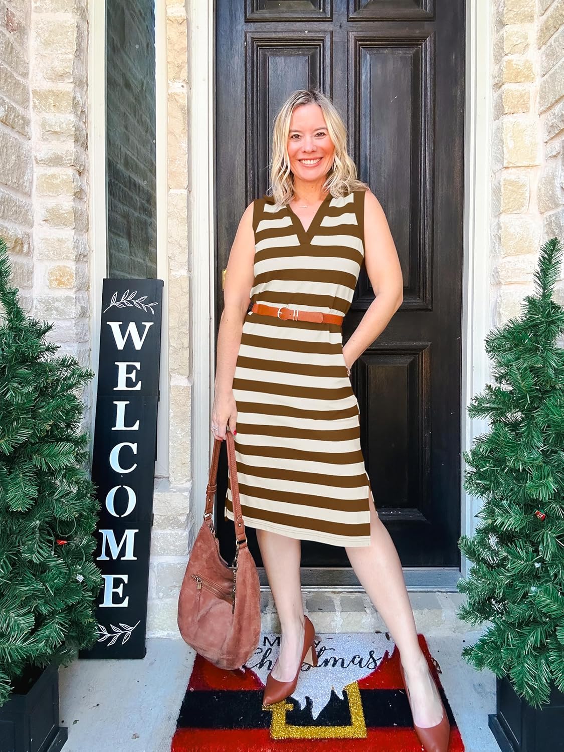 Wenrine Women's Striped Summer Dress Casual Polo V Neck Sleeveless Slit Loose Fit T Shirt Midi Dresses - Image 6