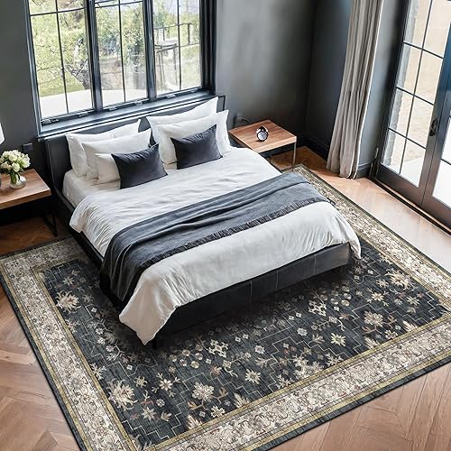 Miniatura 582 de Alfombra Boho Negra para Sala de Estar - Alfombra de Área Lavable de 10x14 Pies, Alfombras de Comedor para Debajo de la Mesa, Alfombra Suave de Pelo