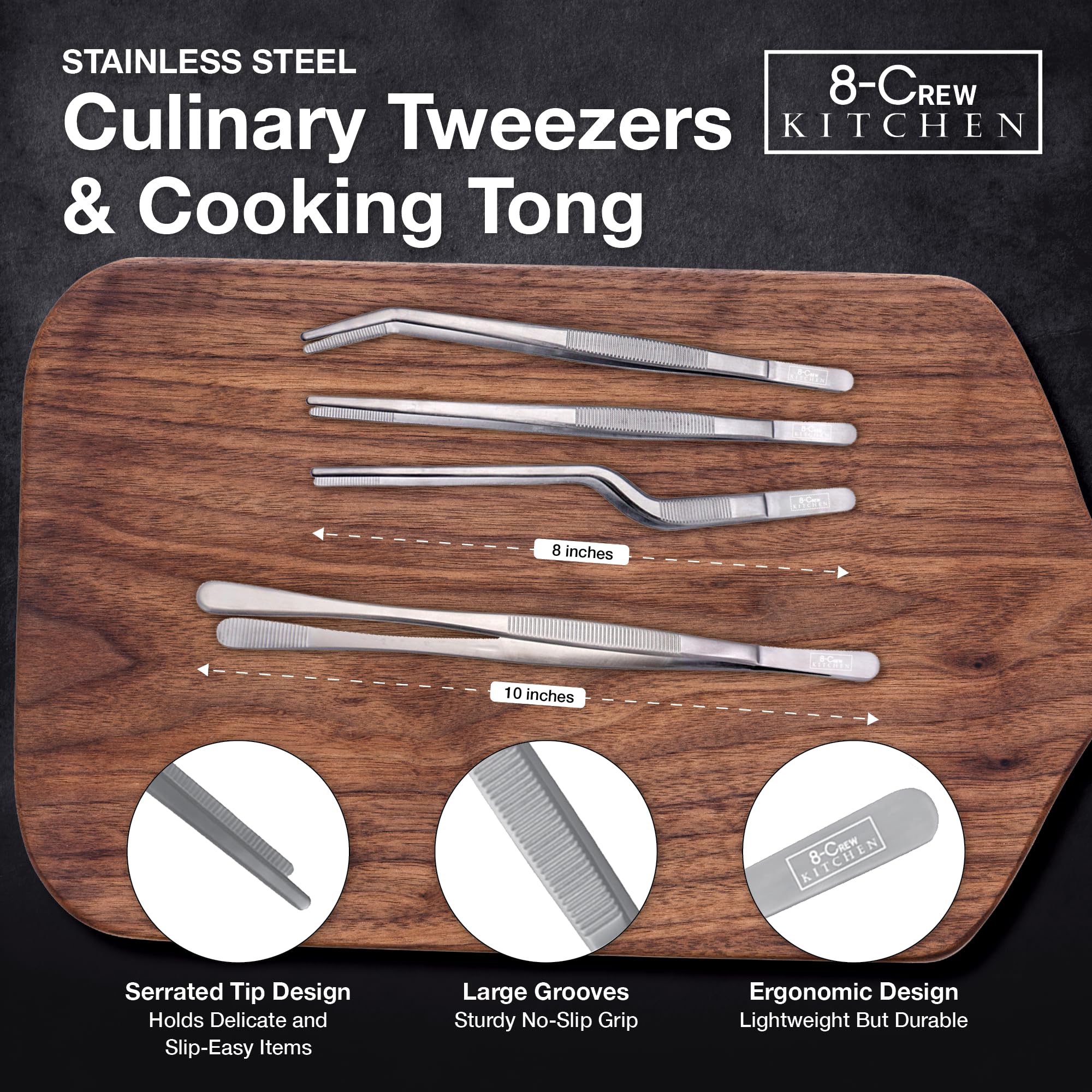 8-CREW KITCHEN - Juego de 4 pinzas de chef profesionales, 3 pinzas culinarias de acero inoxidable de 8 pulgadas para chapado, barra y multiusos con una pinza 304 S/S de 10 pulgadas para cocinar