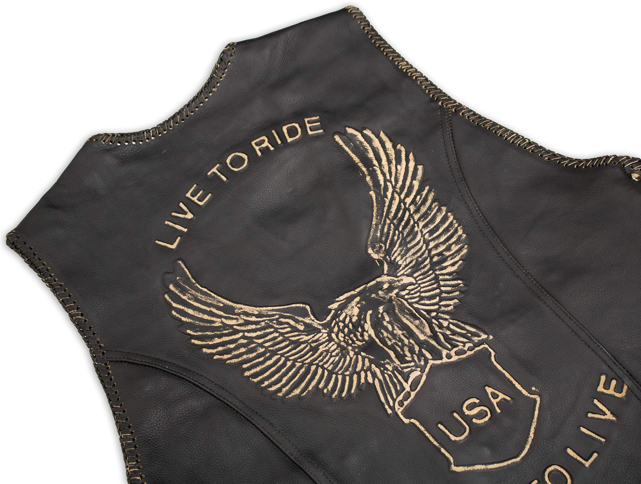 MDM Gilet moto homme en cuir véritable – Motif aigle LIVE TO RIDE – Cuir de vachette avec lacets réglables et 3 boucles métalliques