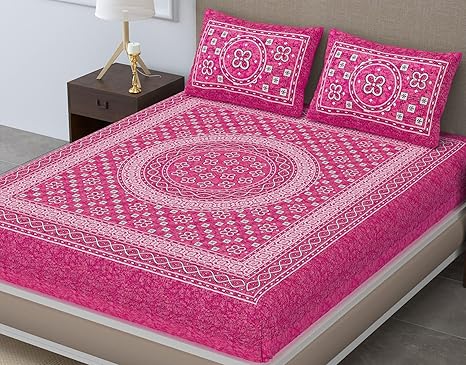 SheetKart Summer 144 TC 100% Cotton Bedsheet Jaipuri Printed with Pillow Covers (Pink)