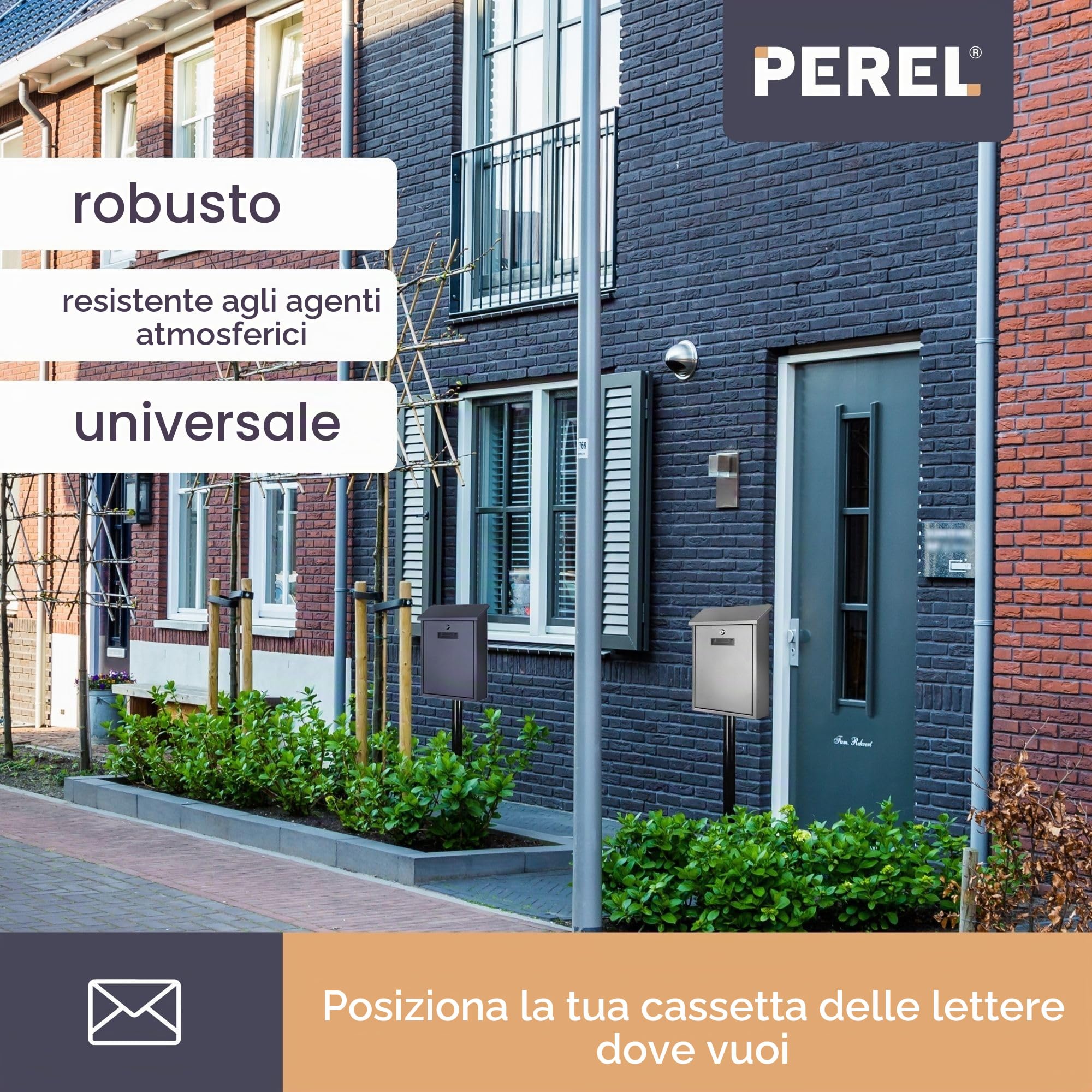 Perel Palo per cassetta postale nero in acciaio zincato, altezza 150 cm, autoportante con staffe di montaggio, resistente alle intemperie e stabile per esterno