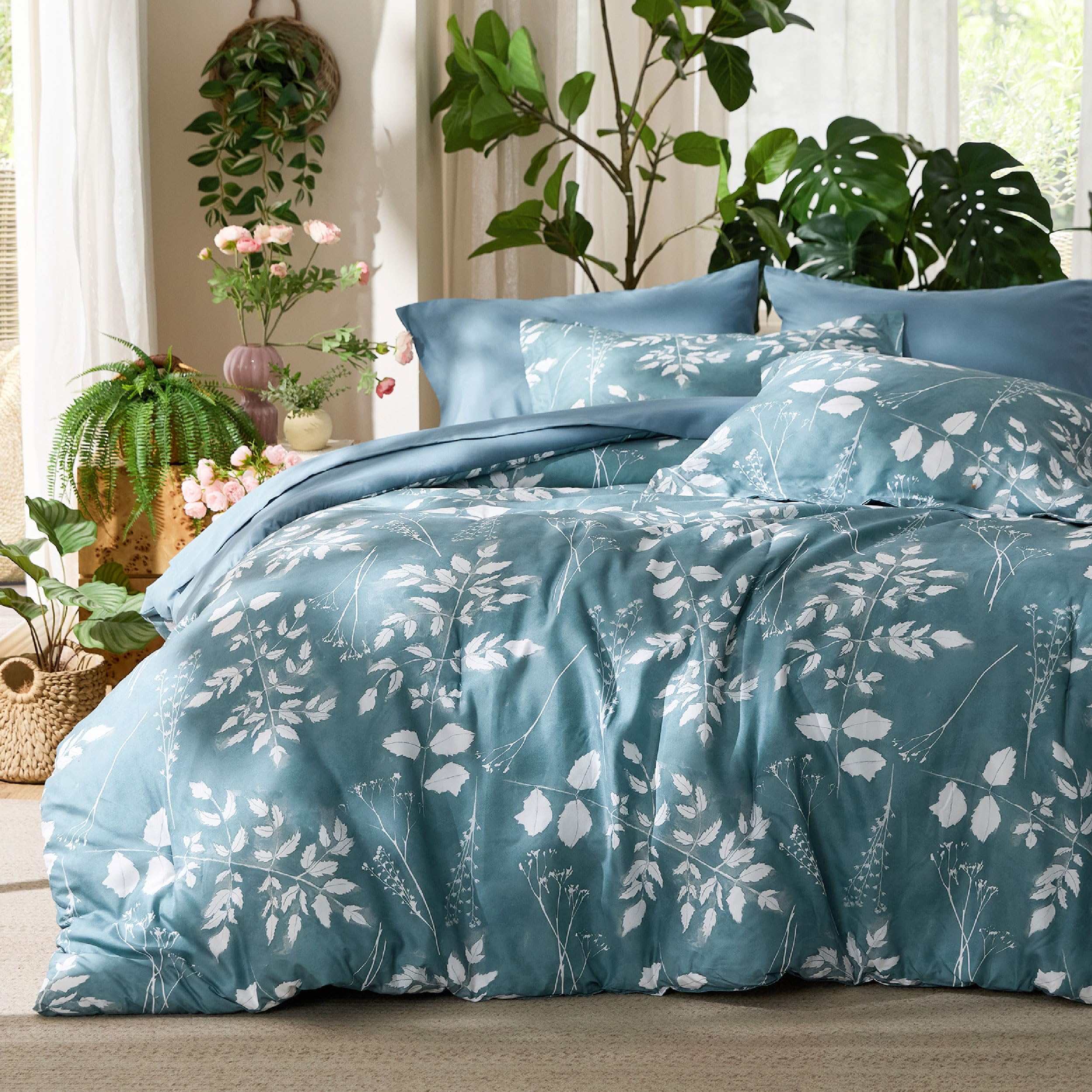 Photo 1 of ***ONLY SHEETS ****NO COMFORTER******Bedsure King Size Comforter Set - 7 Pieces Floral Mineral Blue Soft Bedding Sets, King Bed in a Bag with Botanical Flowers Comforter, Sheets, Pillowcases & Shams