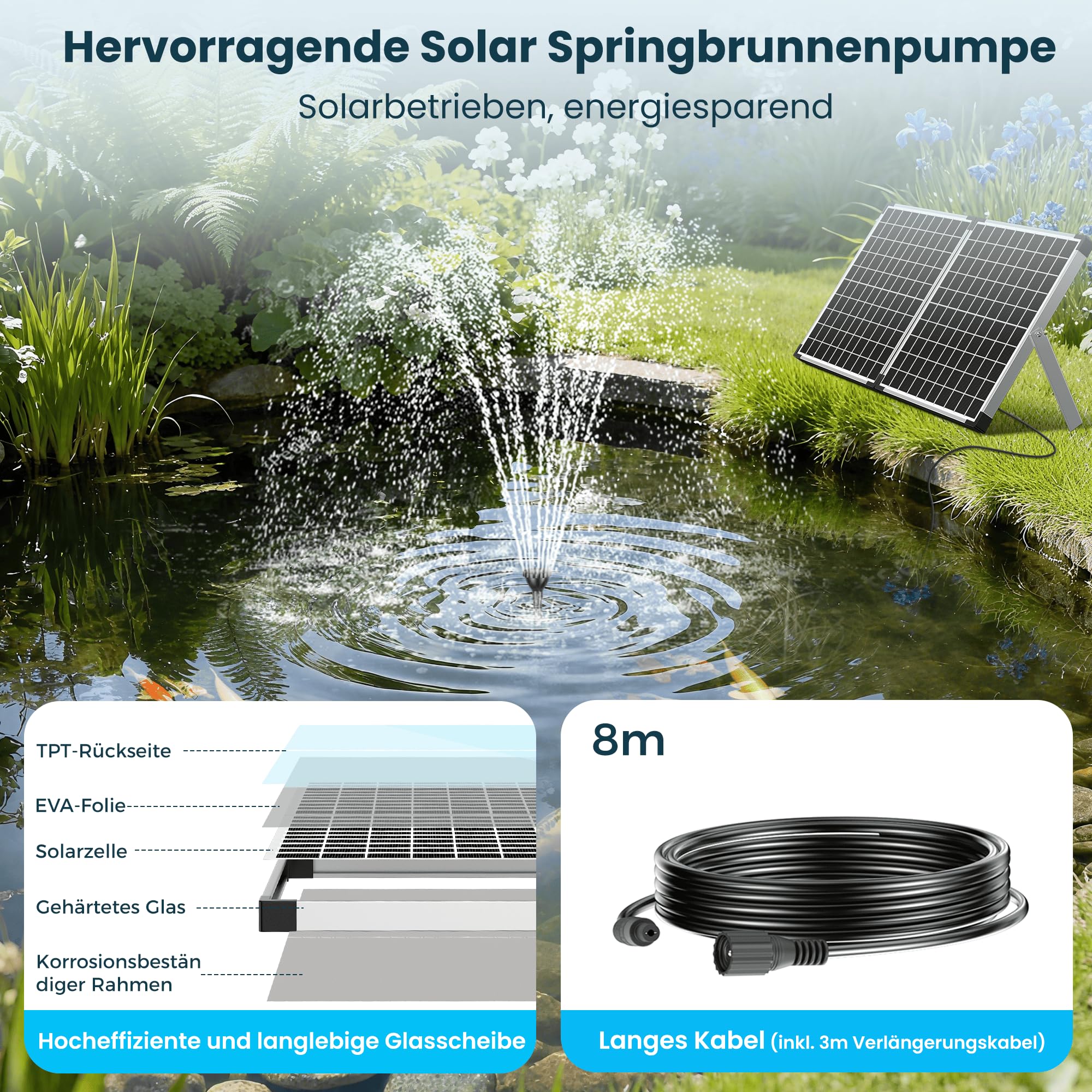 Biling Fuente solar de 50 W para exteriores con 3 boquillas, fuente solar de 2100 l/h para exteriores grandes estanques de jardín (5-20 ㎡), regulación de flujo, bomba de estanque silenciosa, bomba