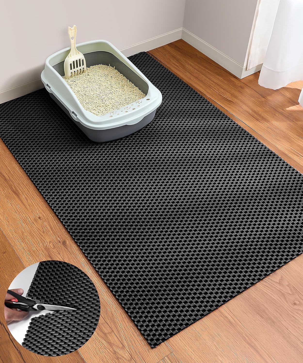 Cooyes Cat Litter Mat - Cut to Fit Any Place, 47"x35" Large Litter Trapping Mat for Litter Box, Easy to Clean, Waterproof & Non-Slip Kitty Pad, Scatter Control to Protect the Floor (Black)