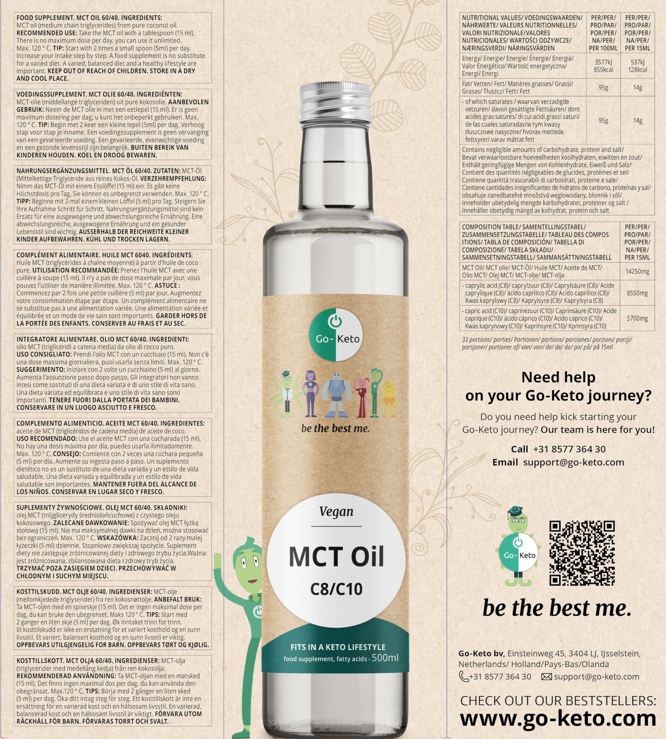 Go-Keto MCT Oil, 500 ml, Huile TCM premium C8/C10, 100% huile de coco, dans bouteille en verre, sans huile de palme, top pour le régime keto, pour un bulletproof coffee, Paléo, végane