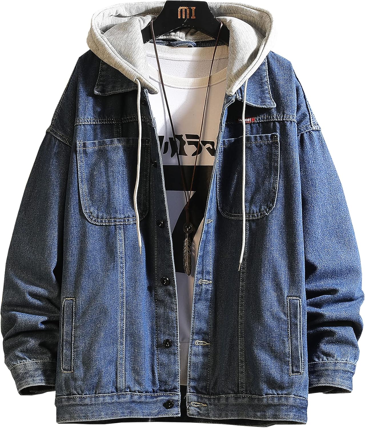 DOSLAVIDA Men's Distressed Denim Jacket Unisex Button Down Jean Coat Casual Long Sleeve Trucker Hooded Jackets Outwear - Image 3