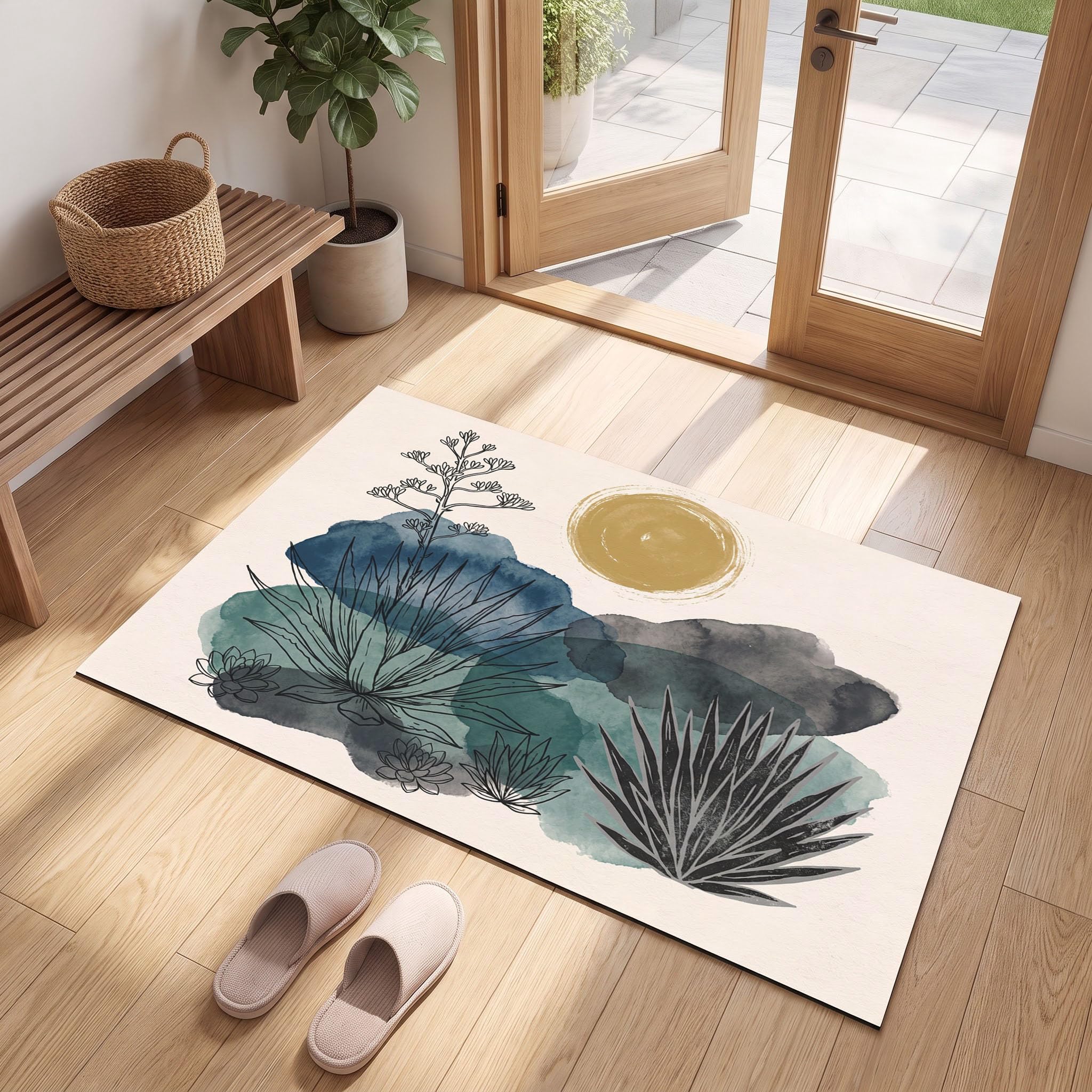 Kaktusillustrationen Fußmatte 80 X 120 cm, Böhmische Pflanzen Anti Rutsch Matte Waschbar Fussmatte | Kaktusillustrationenteppich Für Flur Küche Haustiere - Seegrün