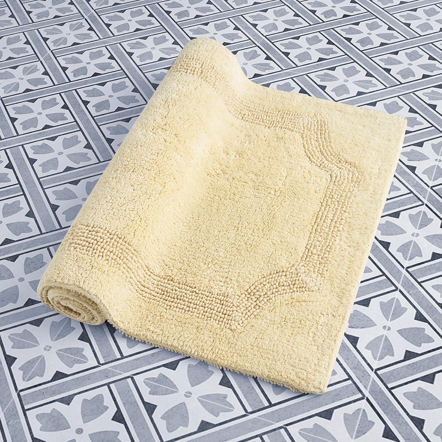 Yellow Cotton Reversible Bath Rug with Loop and High-Cut Fibers