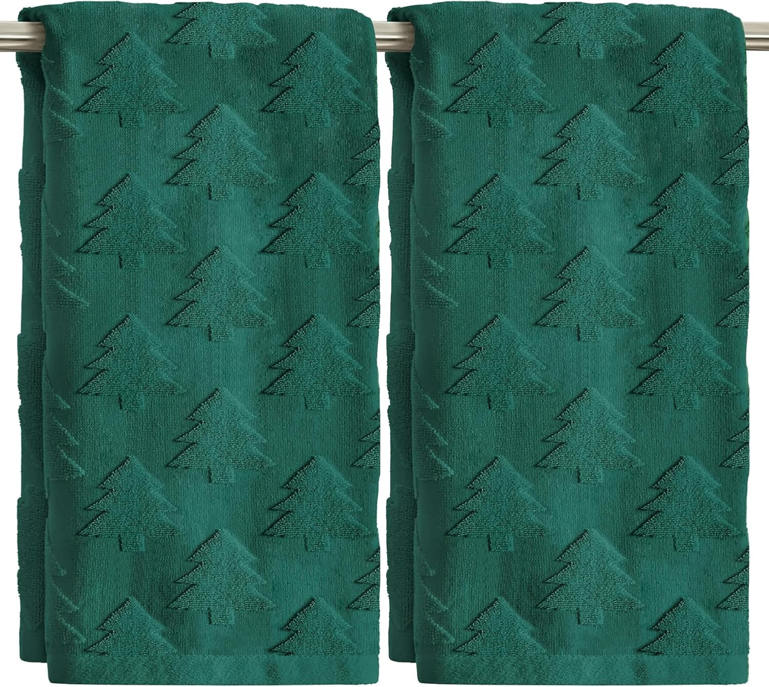 2 Pcs Christmas Hand Towels for Bathroom Green Cotton Christmas Tree Jacquard Weave Bath Decorative Towels Set Absorbent Soft Holiday Bathroom Towels for Xmas Home Kitchen Decor, 13.7 x 29.5 Inch