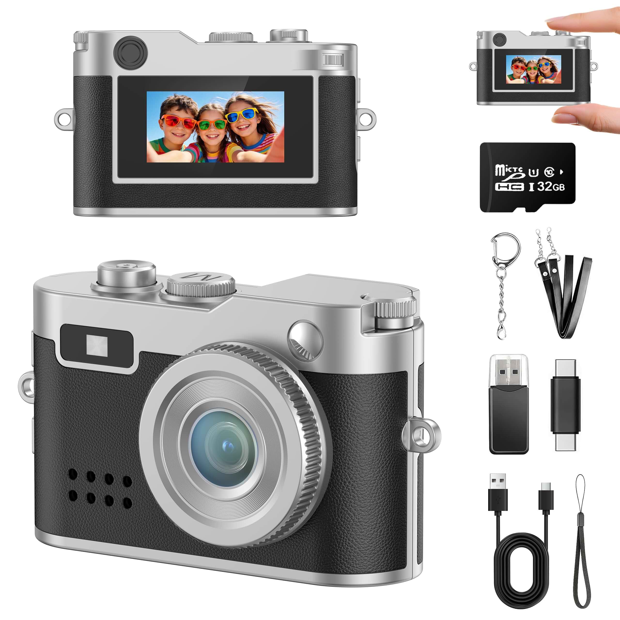 Mini Keychain Digital Camera, 18g Ultra-Light Portable Small Camera with 32GB Card, 1080P HD Video & 2MP Photo, Small Pocket Camera with Flash & Filters for Travel, Party, Creative Gift (Black) Compact